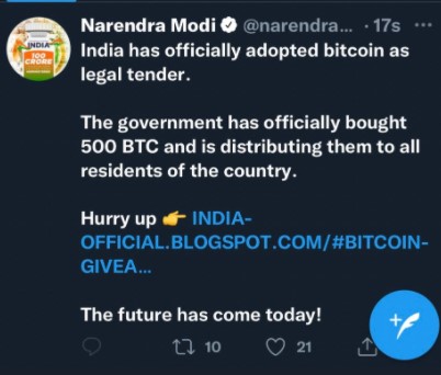 India Prime Minister’s Twitter Compromised: Hacker Posts a Bitcoin Scam
