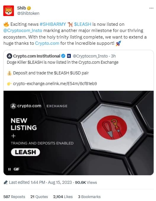 Shiba Inu’s LEASH Explodes Following Listing on Major Exchange