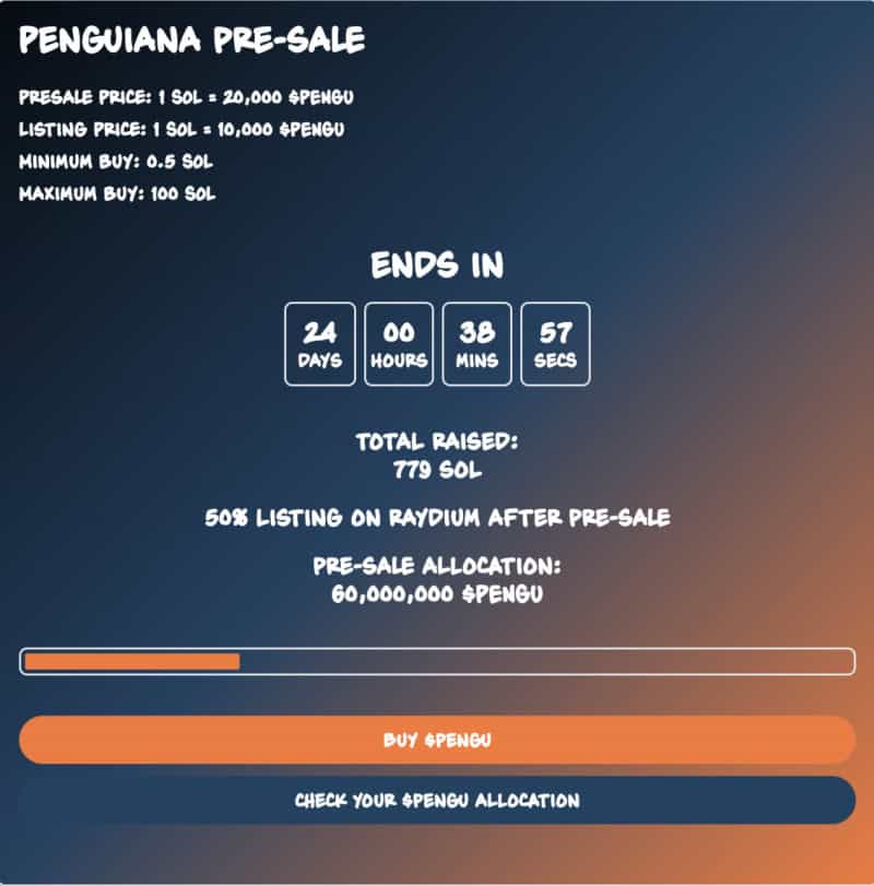 Solana Meme Coin Penguiana Raises 800 SOL In The First 7 Days Of Presale, Set To Release P2E Game Demo Next Month