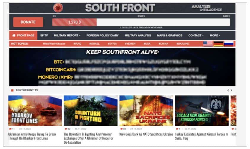 Here’s How Much Crypto Sanctioned Russian Media Outlet SouthFront Received: Chainalysis