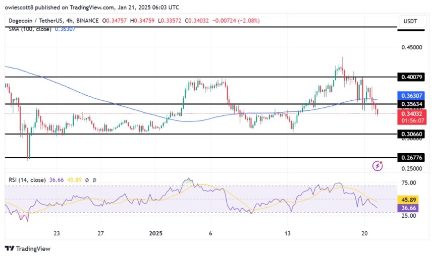Dogecoin Momentum Weakens: RSI Signals Bearish Continuation To $0.3