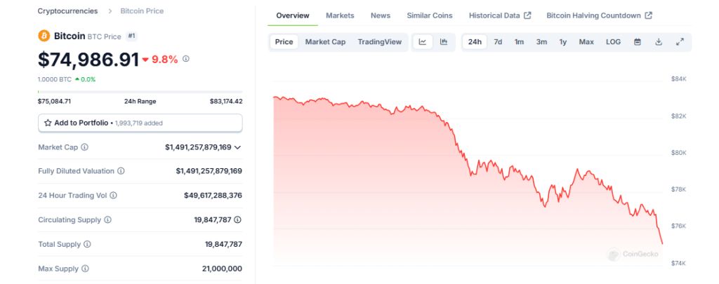 Bitcoin Dips Below $75K As Markets Tremble: What’s Going On?