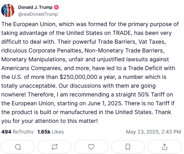 Bitcoin Slumps Below $109K as Trump Proposes New Tariffs Against EU