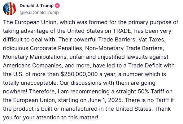 Market Jitters as Trump’s 50% EU Tariff Threat Raises Bitcoin Volatility and Fed Uncertainty