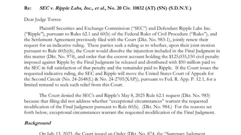 Ripple and SEC Push to Unlock $125M in Escrow—But Only One Side Gets Paid
