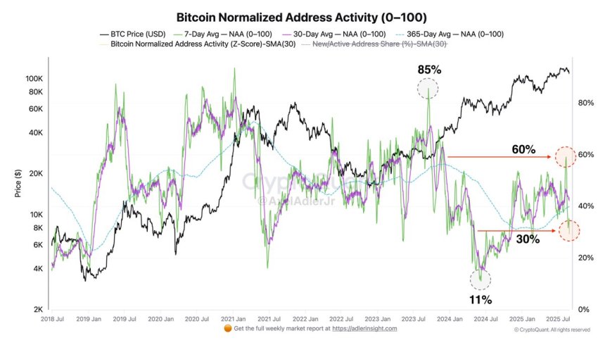 Bitcoin Normalized Address Activity Drops To 30%: Selling Pressure Eases