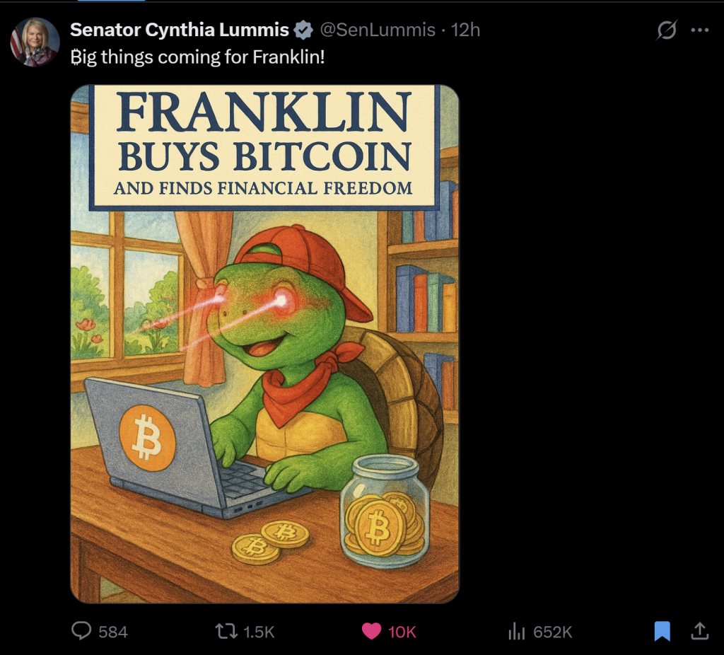 US Sen. Lummis Hints At US Bitcoin Buy With ‘Franklin’ Meme
