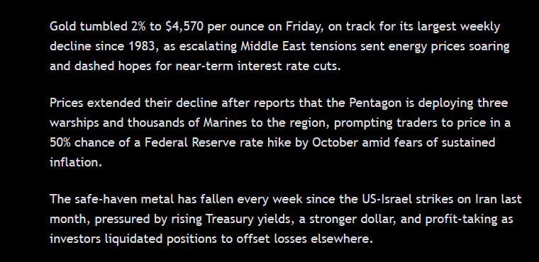 Bitcoin Holds As Gold Posts Worst Week Since 1983 Amid Iran War