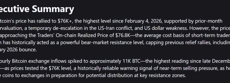 Bitcoin Rally Faces First Test At $76K As Sellers Step In: Analysts
