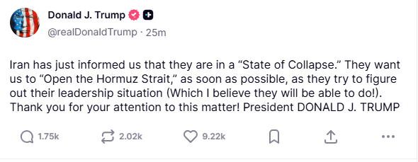 Trump Claims Iran Is Collapsing and Wants to Reopen the Strait: Bitcoin on Edge