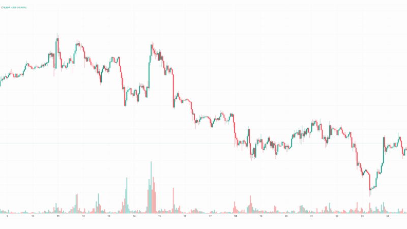 Bitcoin Unable to Resume Rally Above $77K but This AI Coin Soars 25% Daily: Market Watch