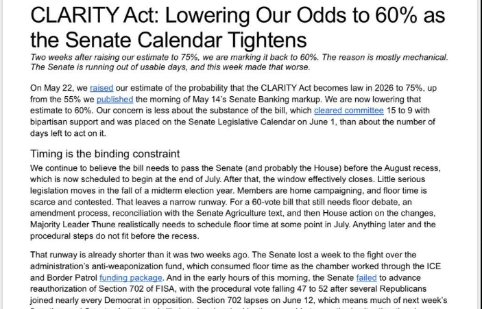 CLARITY Act Momentum Slows As Approval Odds Fall To 60%